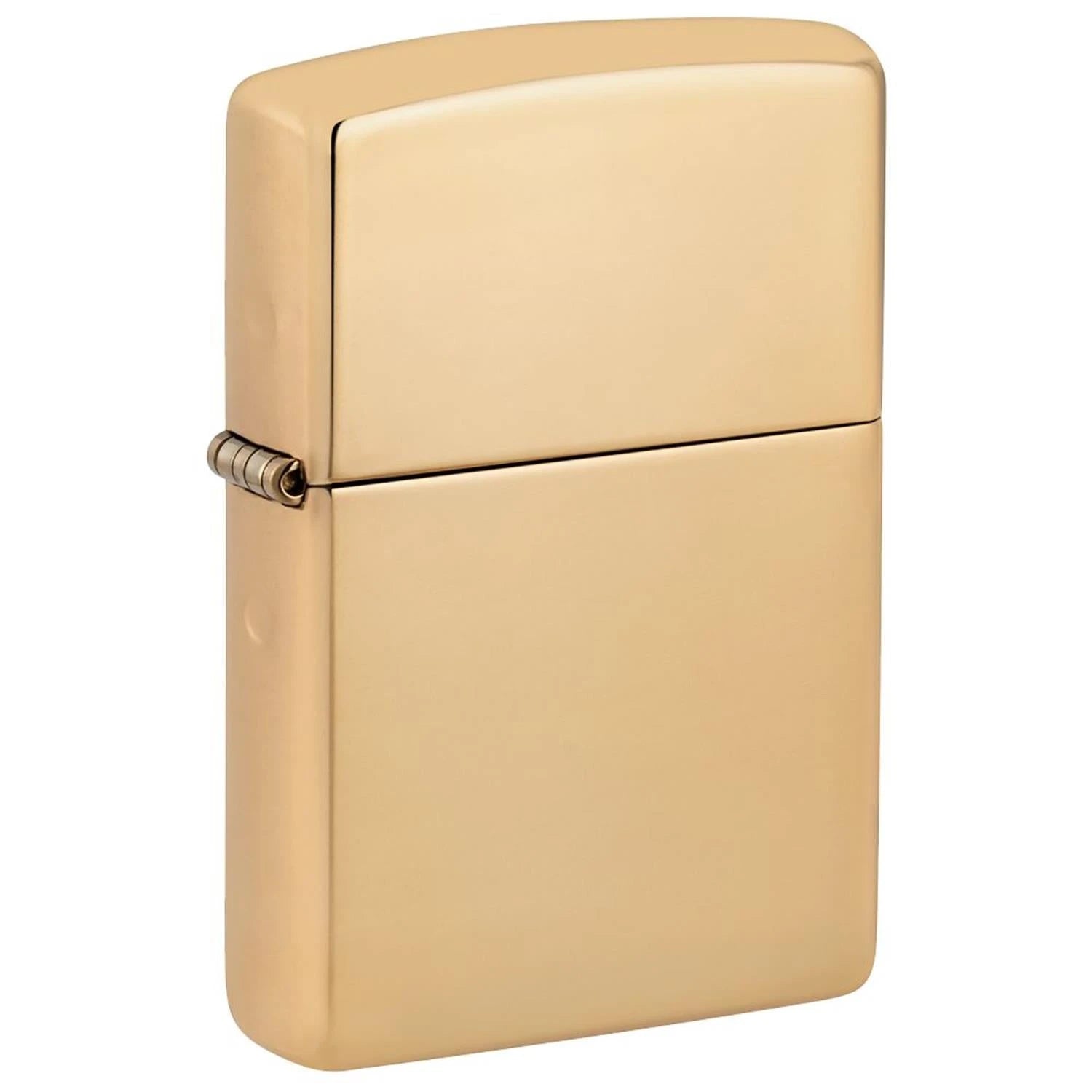 Zippo Sturmfeuerzeug Gold hochglanzpoliert, geschlossen in Schrägansicht, schlichtes Design ohne Gravur, seitliches Scharnier sichtbar, weißer Hintergrund
